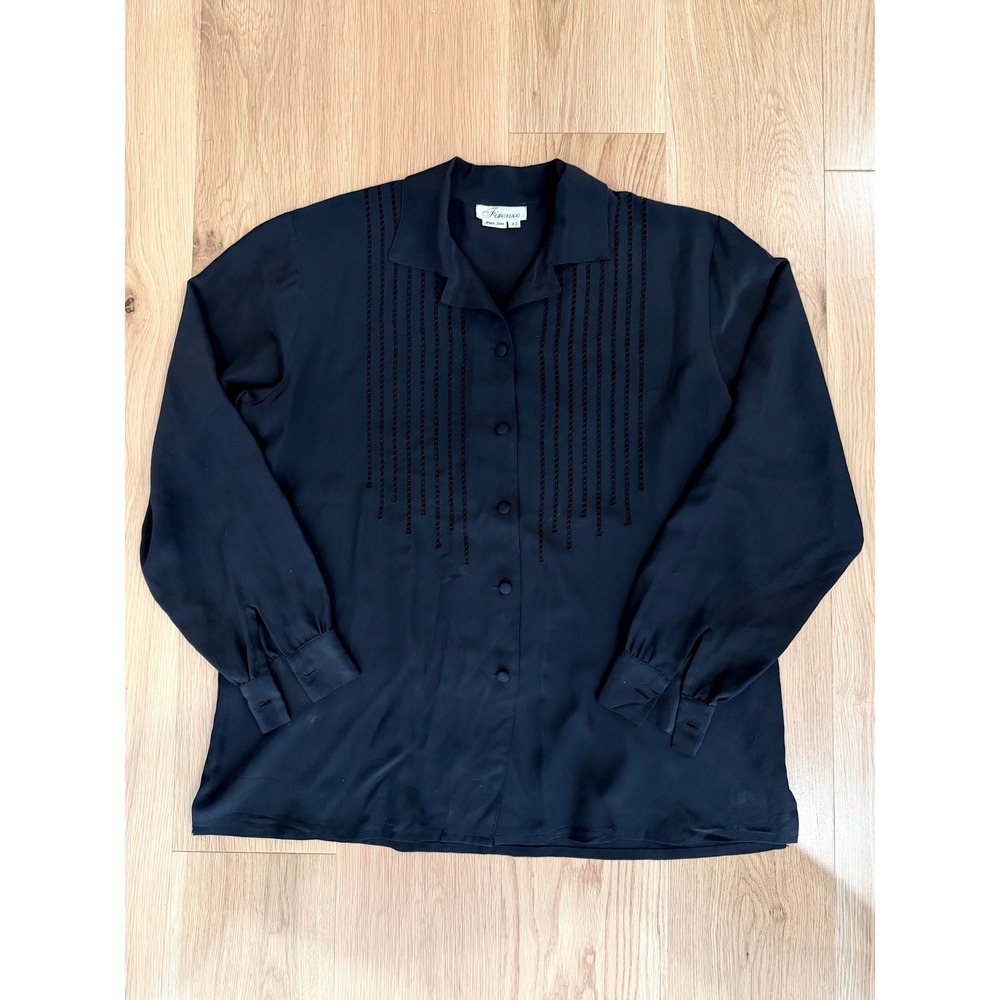 Vtg Firenze Sz 42/US 6 Italian Black Silk Open Work Button Down Blouse